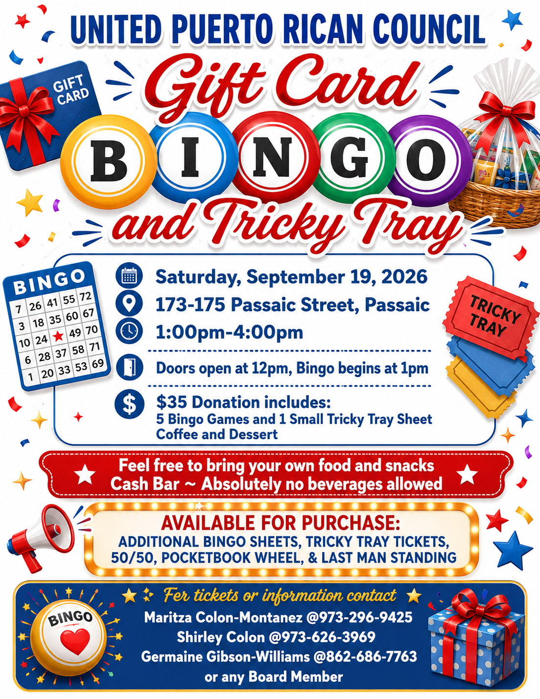 United Puerto Rican Council Gift Card Bingo and Tricky Tray event flyer