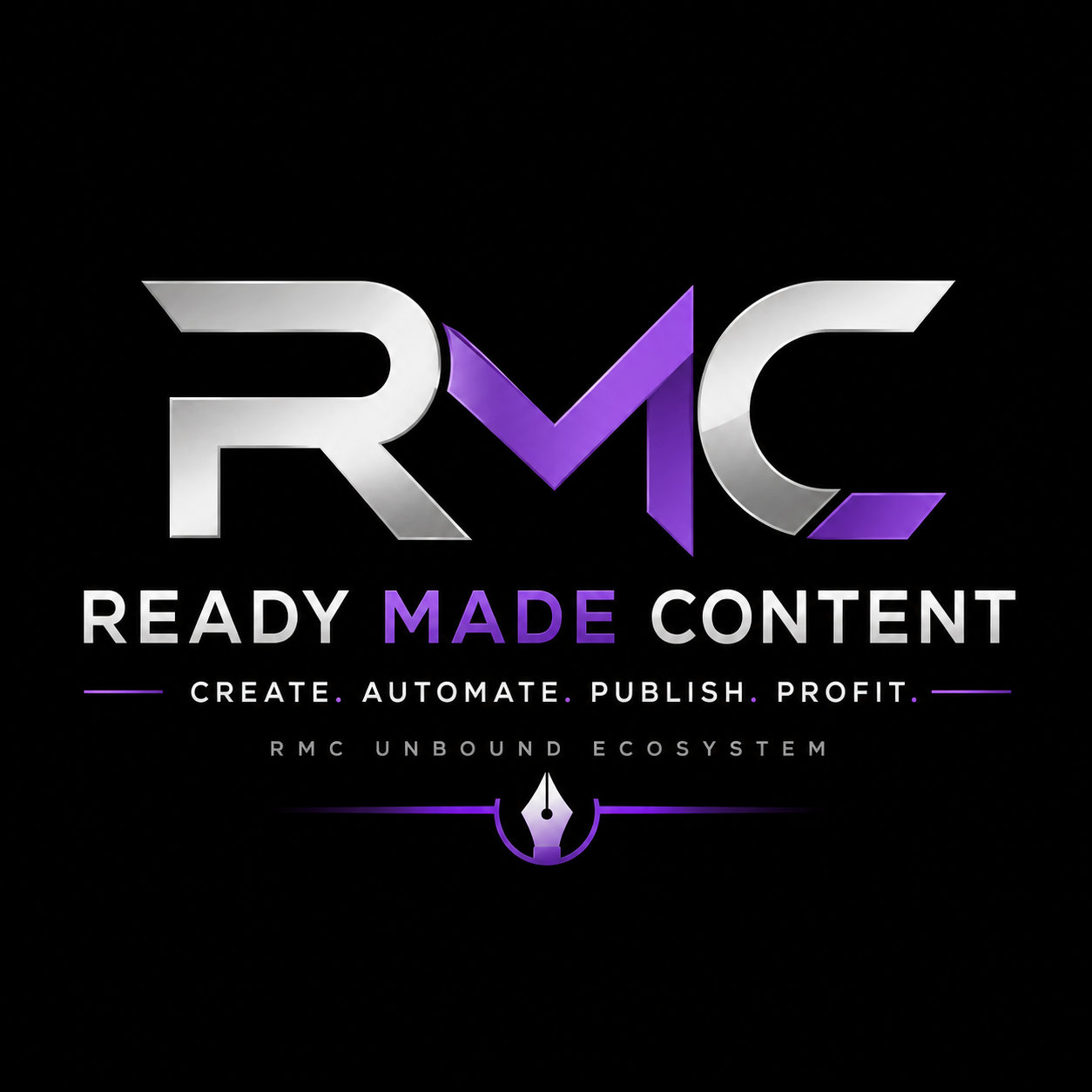 Silver and purple Ready Made Content logo