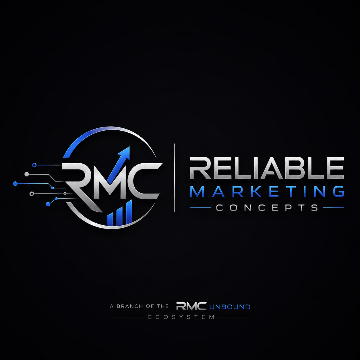 Silver and blue Reliable Marketing Concepts logo