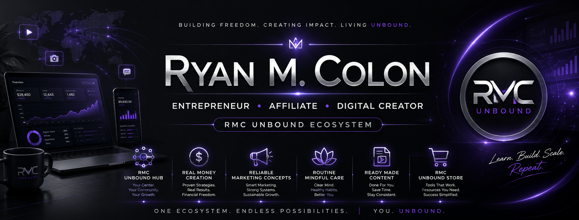 RMC Unbound digital ecosystem banner featuring Ryan M. Colon and the network branches